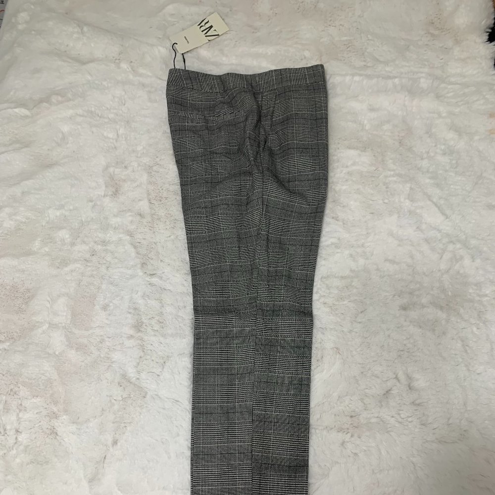 ZARA Grey Plaid Fitted Chic Leg Trousers Size 34 ( NEW With Tags )